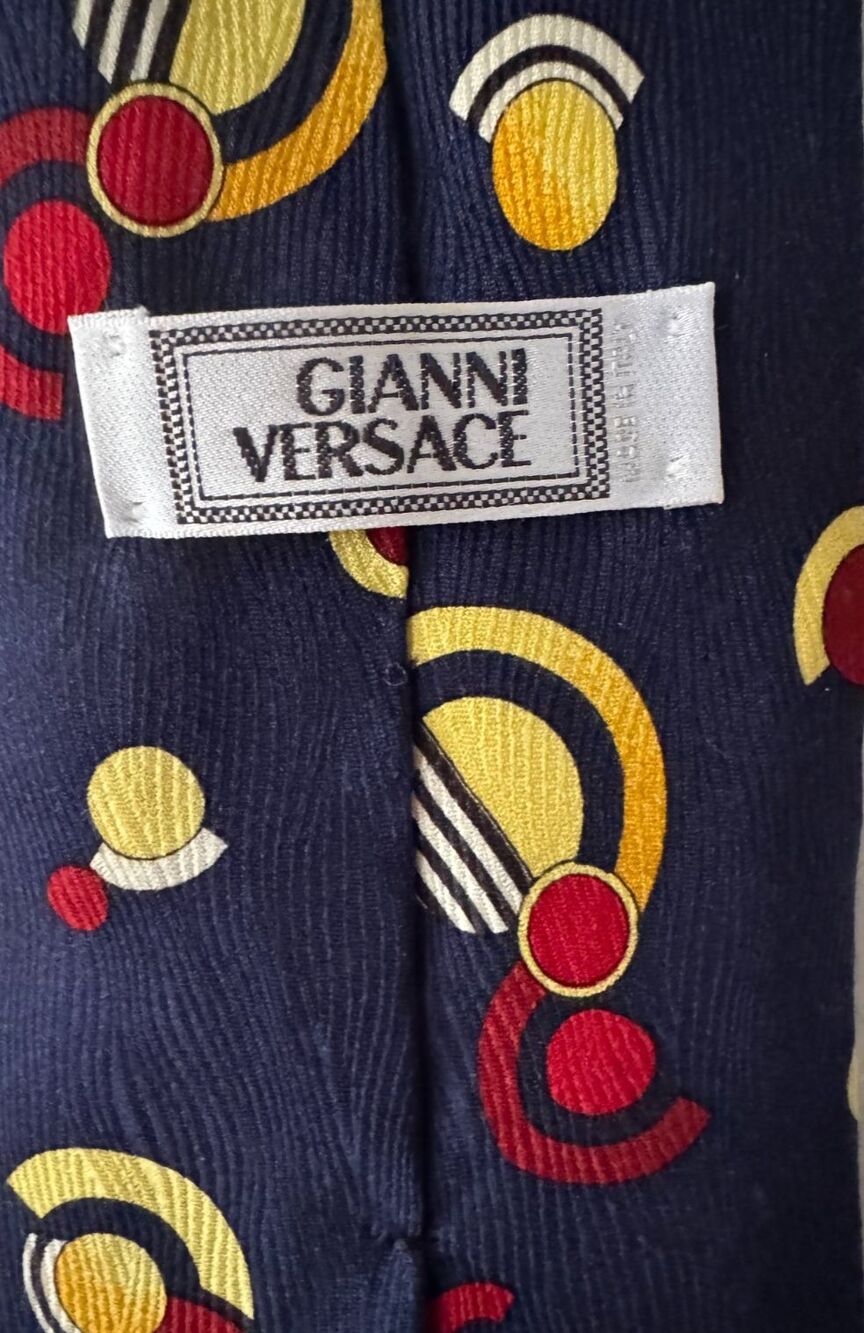 Gianni Versace Silk Necktie Navy Geometric Print Made in Italy 1990s
